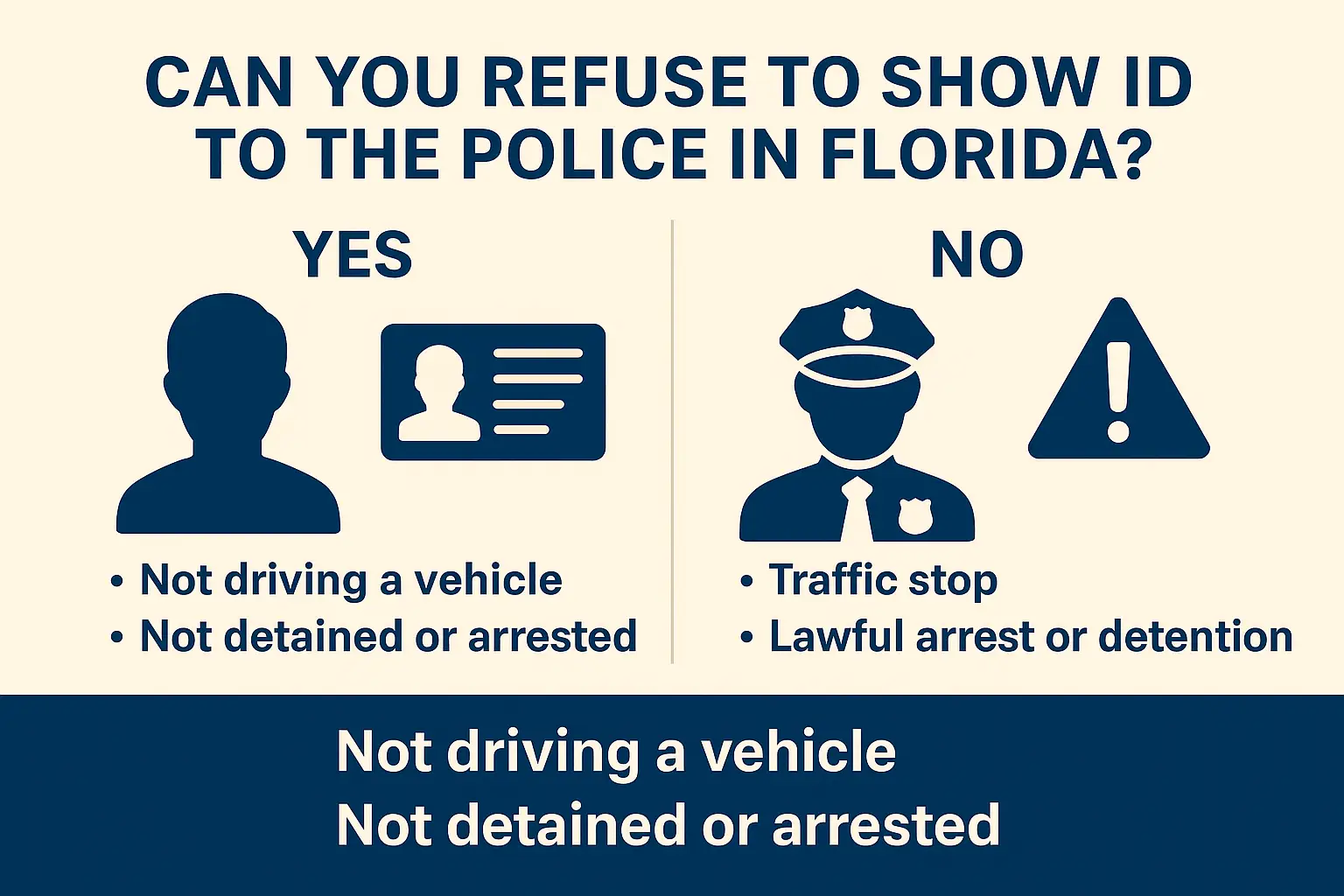 Horizontal infographic titled “Can You Refuse to Show ID to the Police in Florida?” Beige background with navy-blue text and icons. Left side labeled “Yes” lists “Not driving a vehicle” and “Not detained or arrested” with icons of a person and ID card. Right side labeled “No” lists “Traffic stop” and “Lawful arrest or detention” with icons of a police officer and warning triangle. Clear, professional design explaining Florida’s stop-and-identify rules.