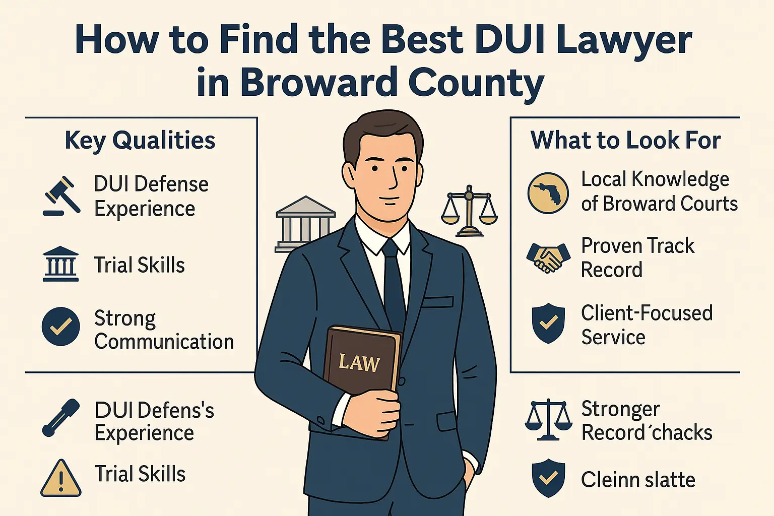 Illustration of a lawyer in a suit holding a "LAW" book, highlighting key qualities and considerations for selecting the best DUI lawyer in Broward County, including DUI defense experience and local court knowledge.