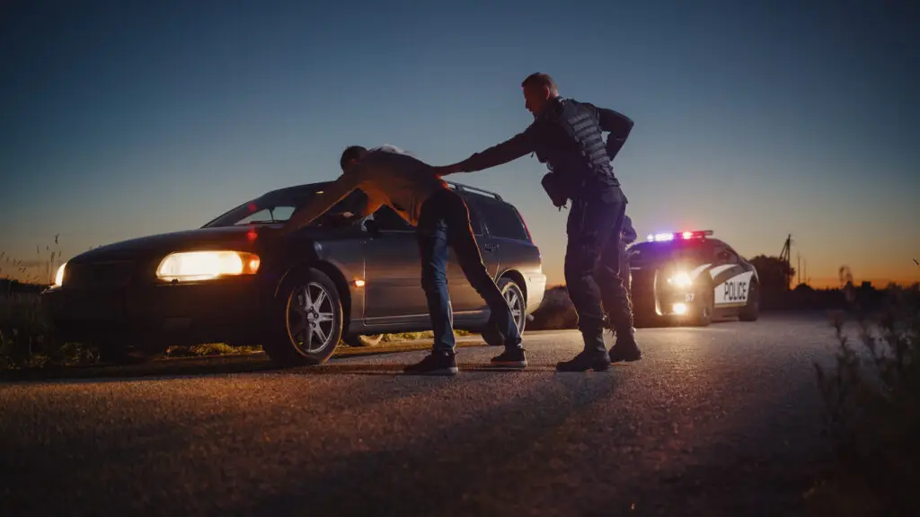 Police officer conducting a DUI stop at night, inspecting a driver leaning against a vehicle, with a police car in the background.