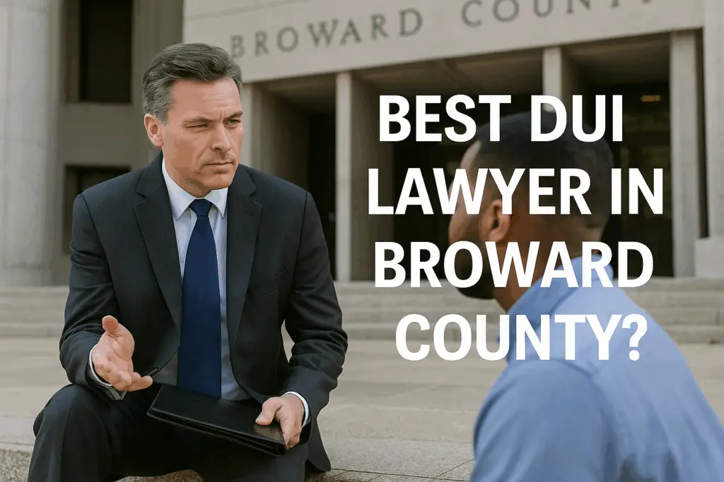 Lawyer in suit discussing legal matters with client outside Broward County courthouse, featuring text "Best DUI Lawyer in Broward County?"