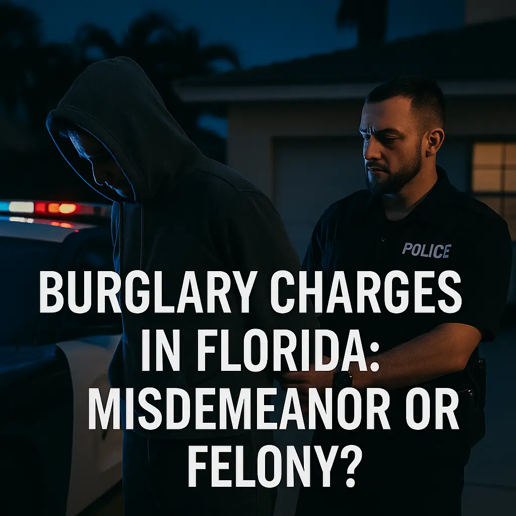 A burglary suspect is detained by Fort Lauderdale police outside a suburban home at night, with bold white text reading “Burglary Charges in Florida: Misdemeanor or Felony?” overlaying the image.