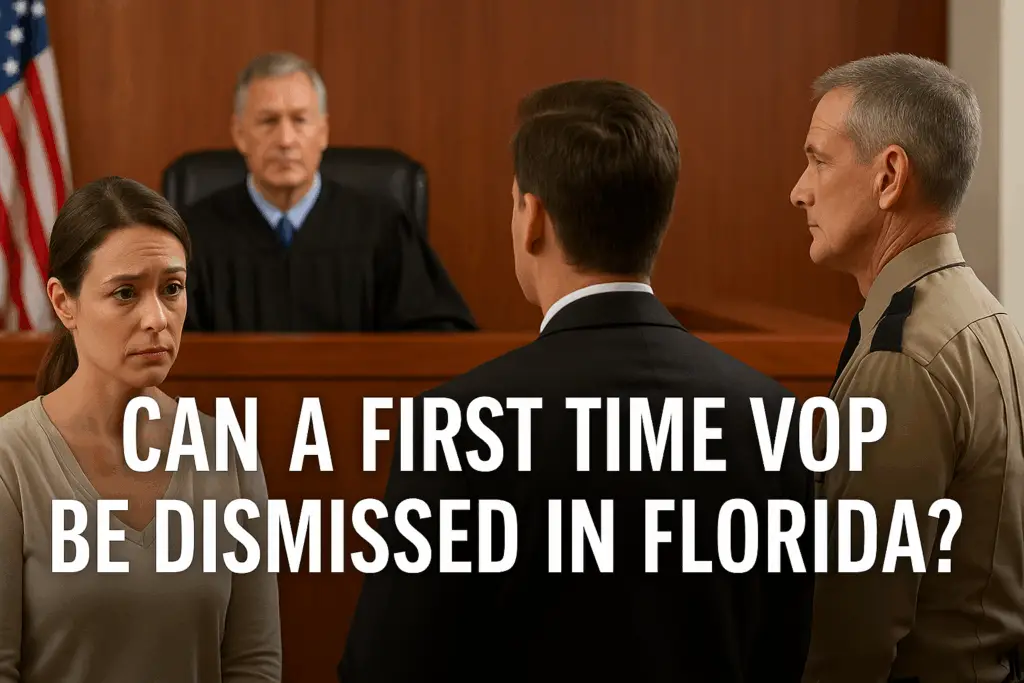A probationer stands before a Florida judge during a VOP hearing, flanked by their attorney and a probation officer. Overlaid text reads: “Can a First Time VOP Be Dismissed in Florida?”