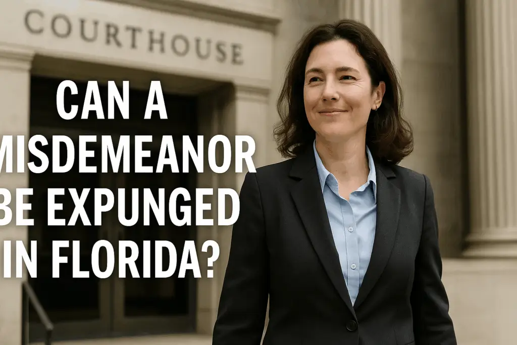A professionally dressed woman smiles as he walks down the steps of a Florida courthouse. Bold text overlay reads: “Can a Misdemeanor Be Expunged in Florida?”