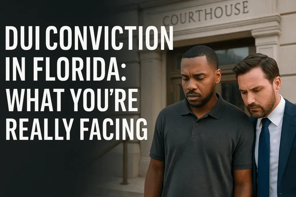 A Florida defendant exits the courthouse with his attorney after a DUI conviction. Bold text reads: “DUI Conviction in Florida: What You’re Really Facing.”A Florida defendant exits the courthouse with his attorney after a DUI conviction. Bold text reads: “DUI Conviction in Florida: What You’re Really Facing.”