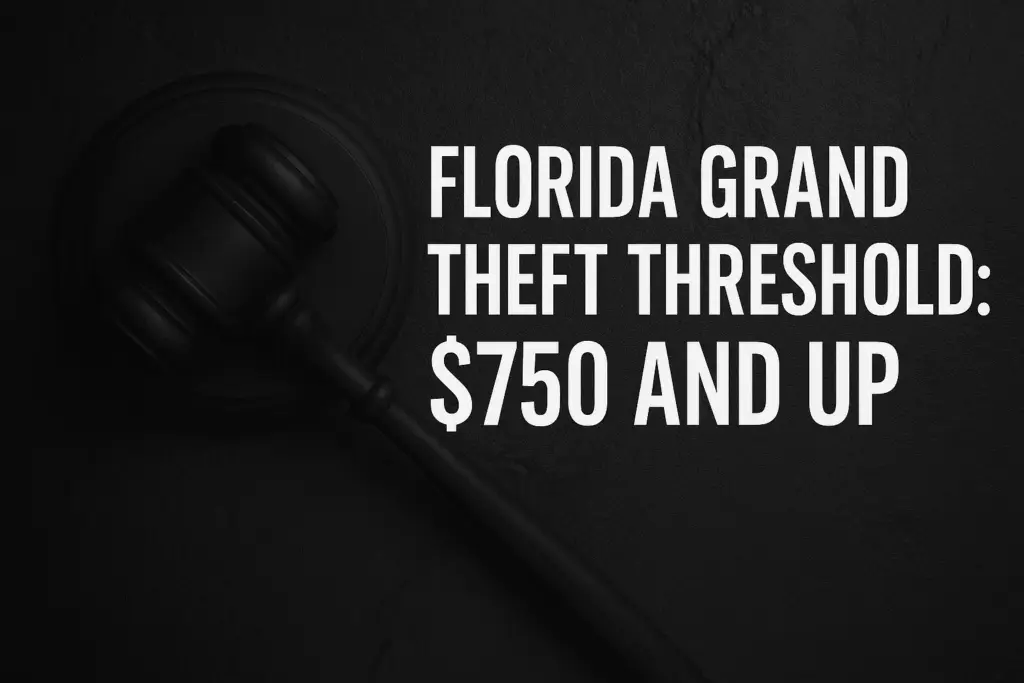 Florida grand theft threshold graphic featuring a gavel and text "$750 and up" emphasizing legal implications of theft charges.