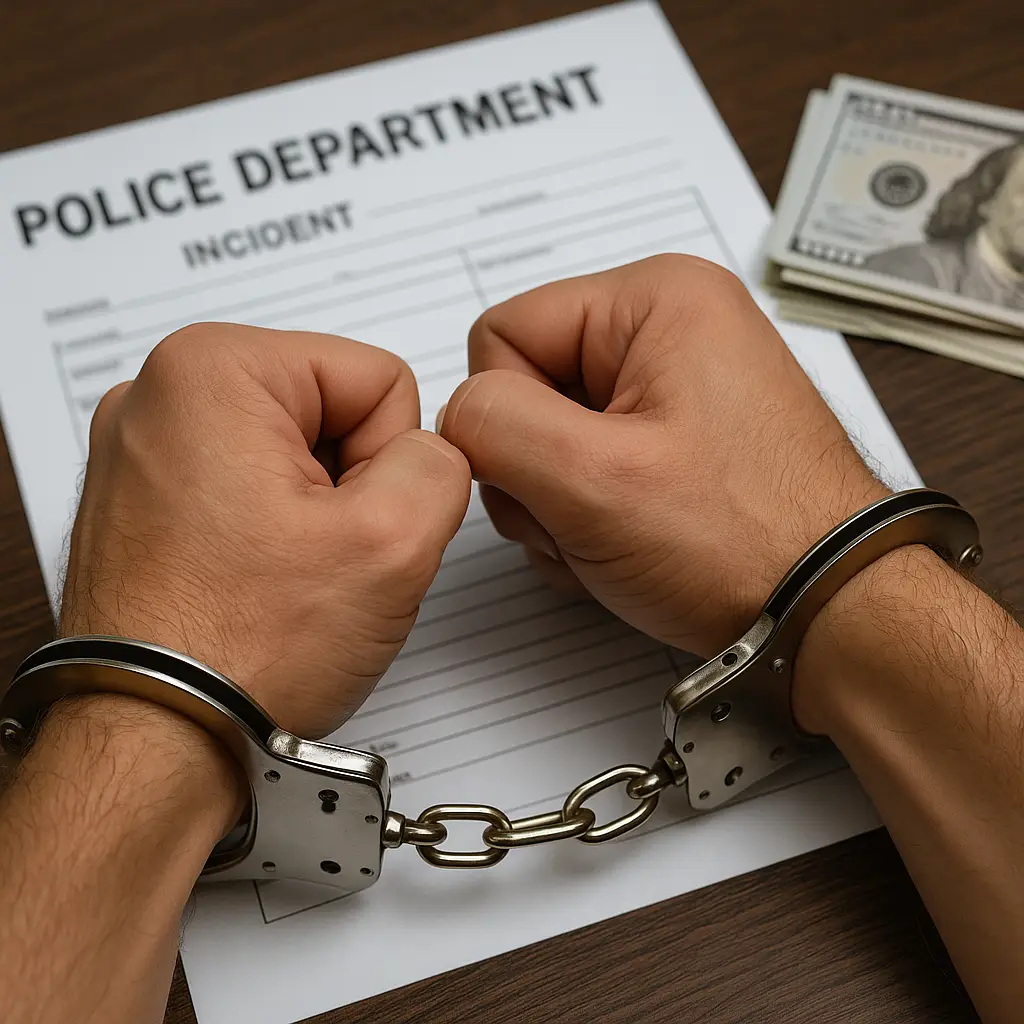 Hands in handcuffs on a police incident report with cash, symbolizing the legal consequences of grand theft in Florida.