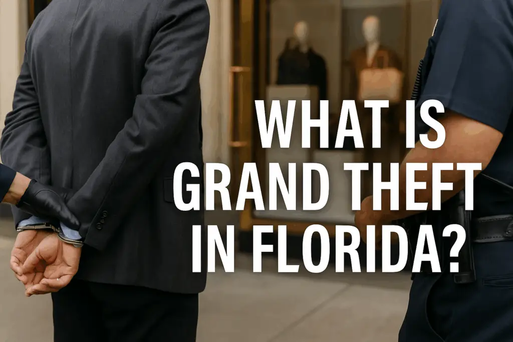 A man in a suit is handcuffed by a police officer outside a high-end Florida retail store, with bold text reading “WHAT IS GRAND THEFT IN FLORIDA?” overlaying the scene.