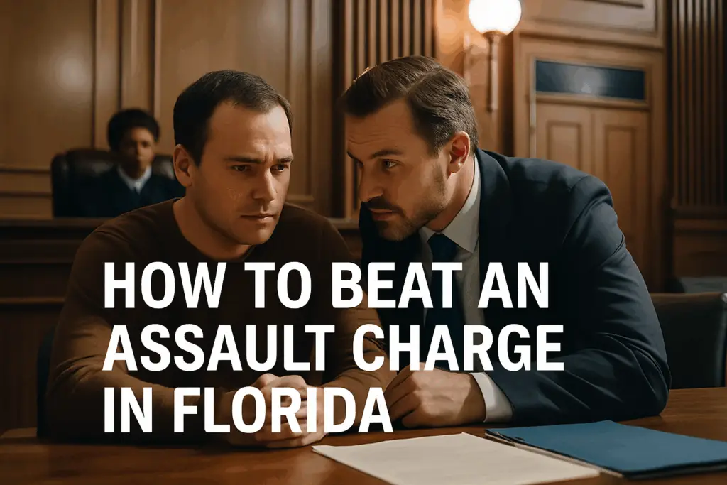 A Florida courtroom scene shows a defendant seated beside his attorney during a pretrial hearing, with bold white text reading “HOW TO BEAT AN ASSAULT CHARGE IN FLORIDA” across the image.