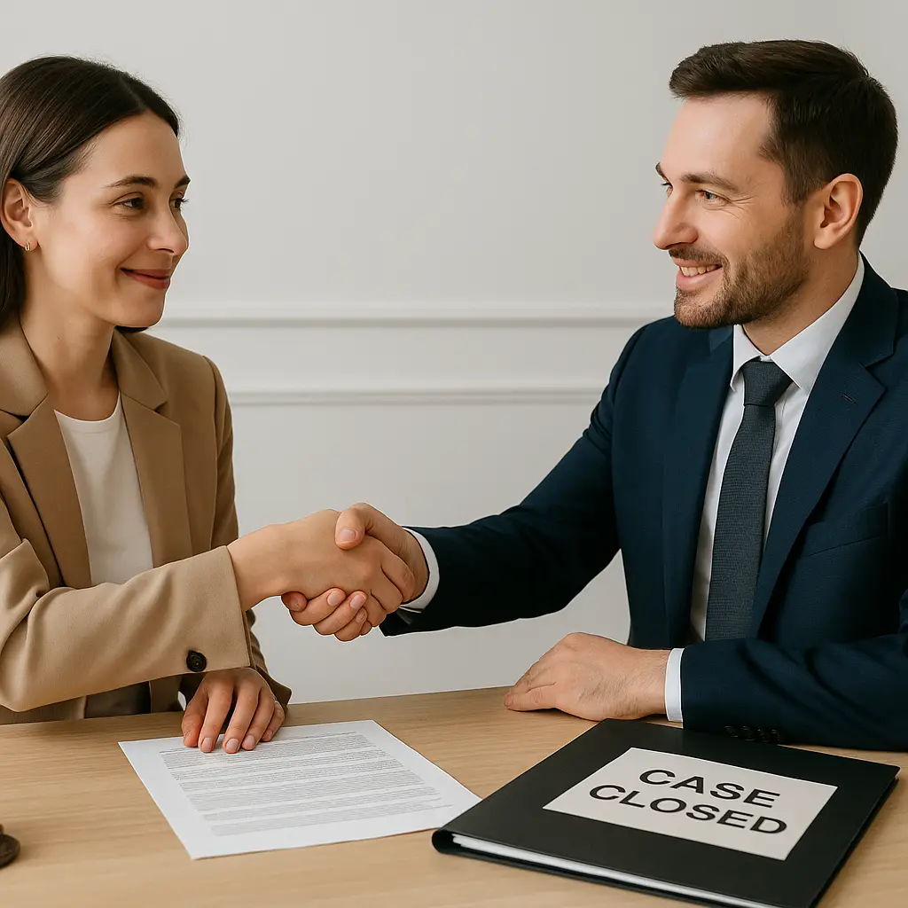 A smiling client shakes hands with a defense attorney in a professional office after successfully sealing or expunging a Florida criminal record, with a folder labeled “CASE CLOSED” visible on the desk.