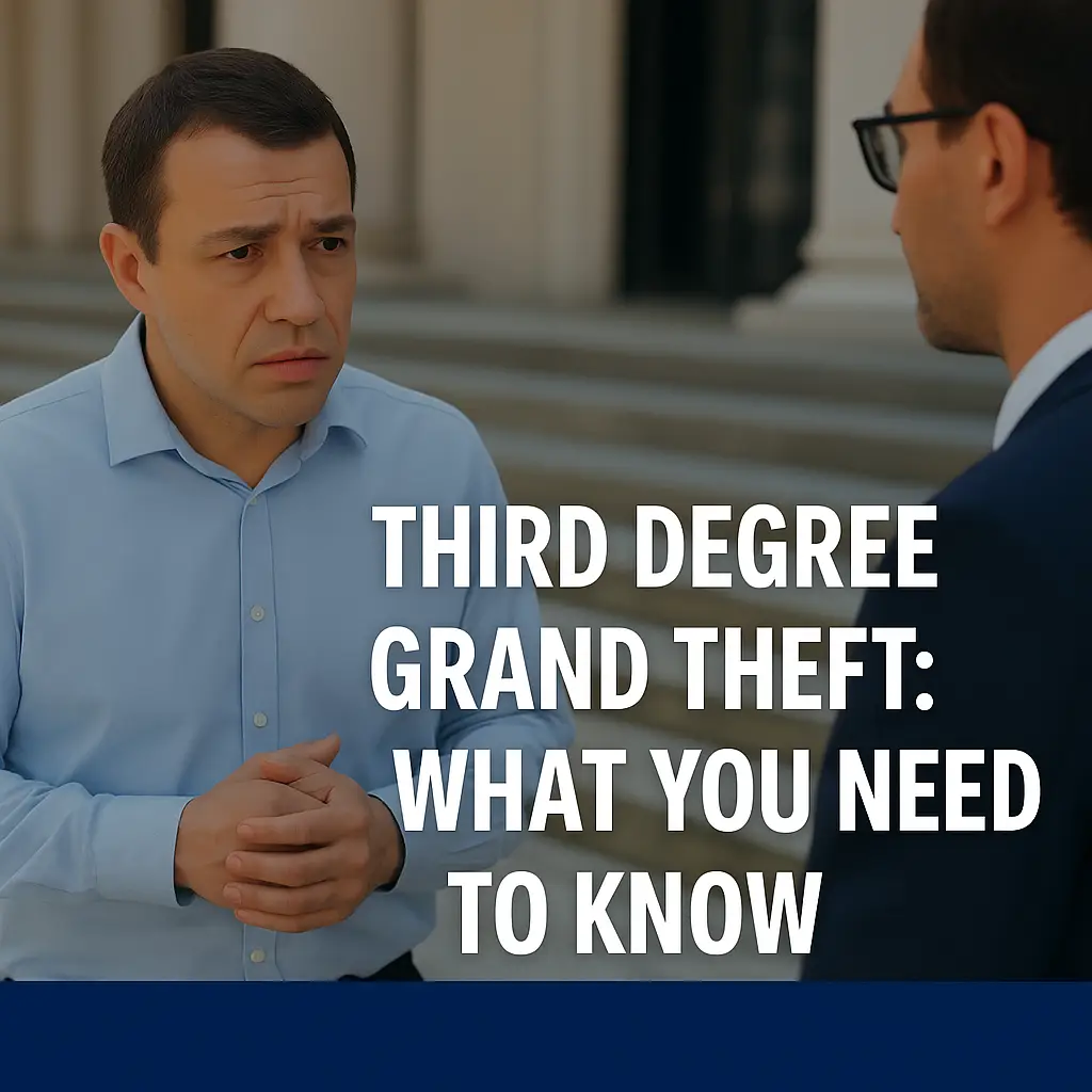 Man with worried expression discussing third-degree grand theft legal issues, text overlay "THIRD DEGREE GRAND THEFT: WHAT YOU NEED TO KNOW".