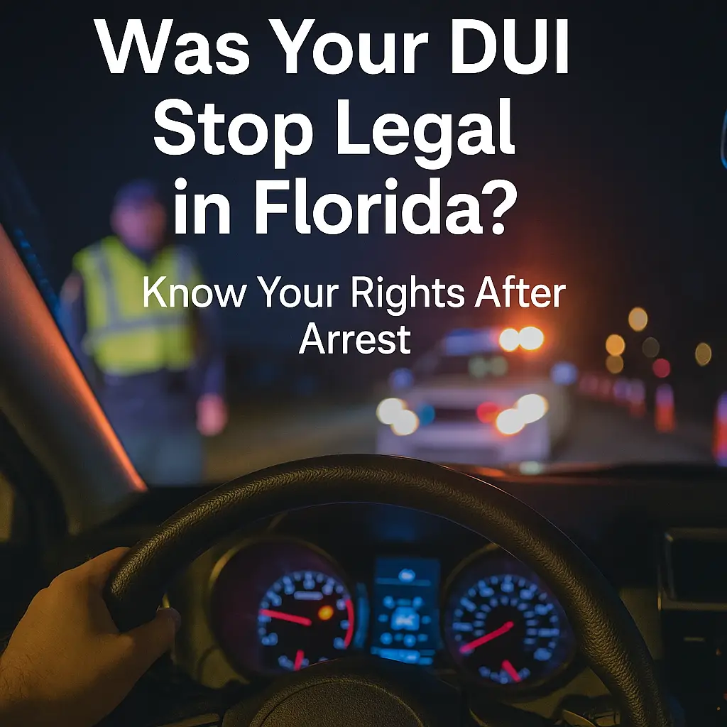 A police officer stands beside a silver sedan during a daytime DUI checkpoint in Florida, speaking to a driver while orange cones and a police SUV block the road ahead. The title "Was Your DUI Stop Legal in Florida?” appears above the scene