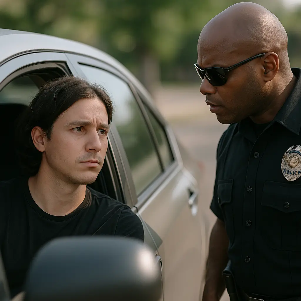 A concerned driver sits in his car while a police officer gestures and speaks to him during a daytime traffic stop, illustrating the confusion that can lead to resisting without violence charges in Florida.