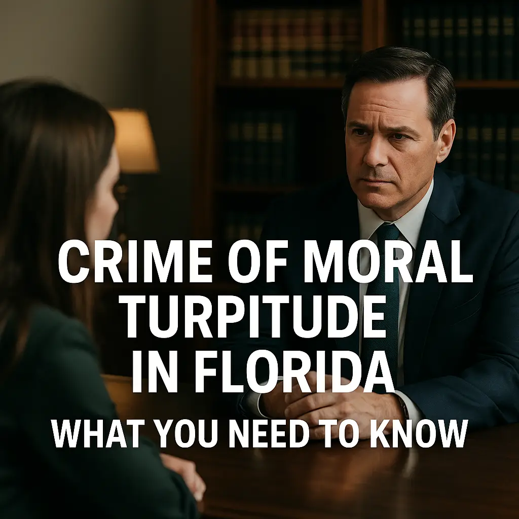A Florida defense attorney consults with a concerned client in a private office setting. The overlaid text reads: “Crime of Moral Turpitude in Florida — What You Need to Know.”
