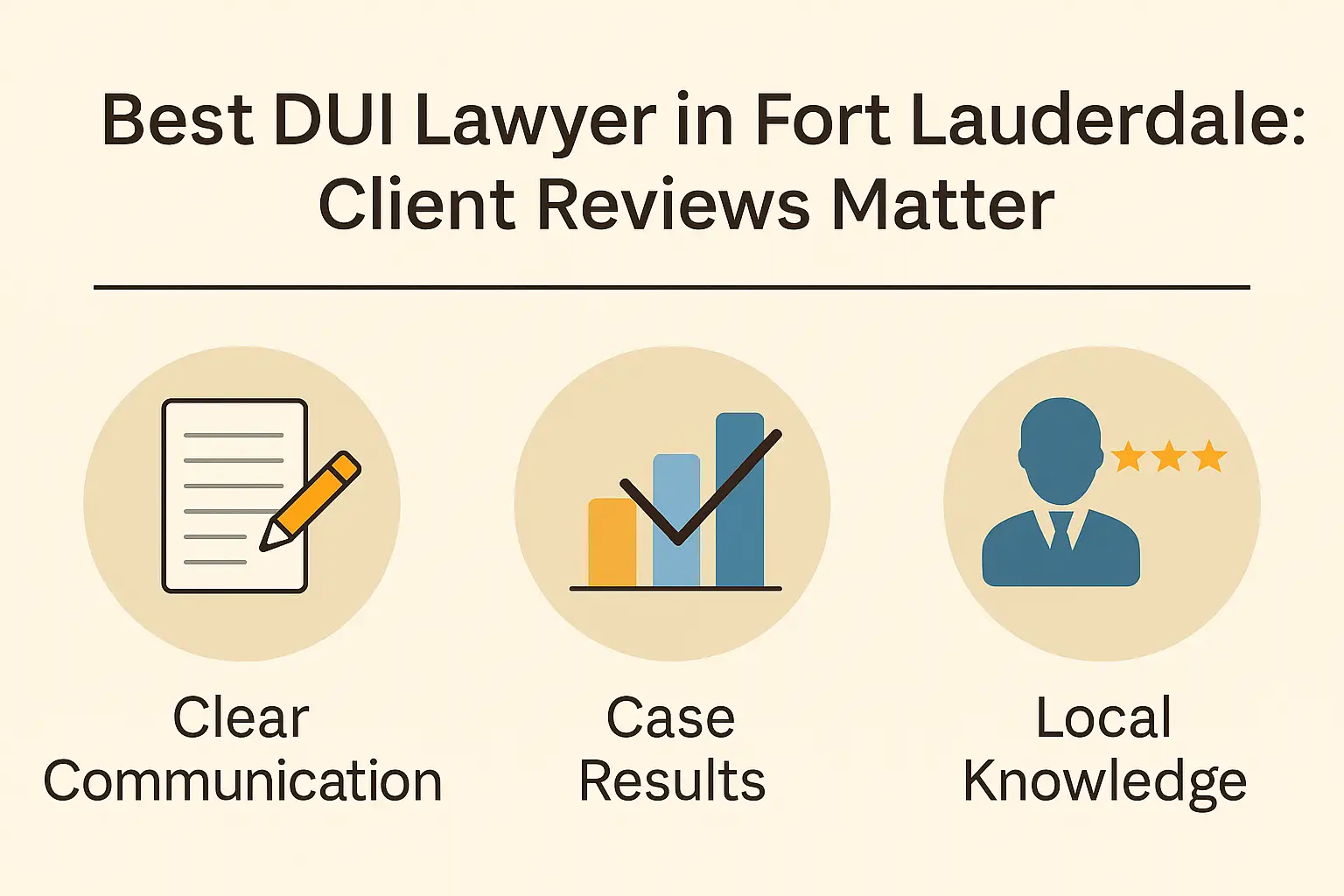 Best DUI lawyer in Fort Lauderdale graphic highlighting client reviews, featuring icons for clear communication, case results, and local knowledge.