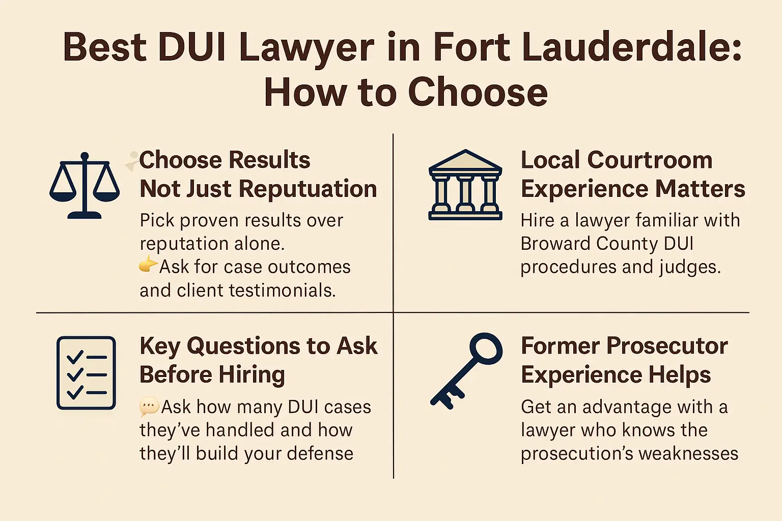 Best DUI lawyer in Fort Lauderdale infographic highlighting key factors for choosing legal representation, including results over reputation, local courtroom experience, and essential questions to ask before hiring.