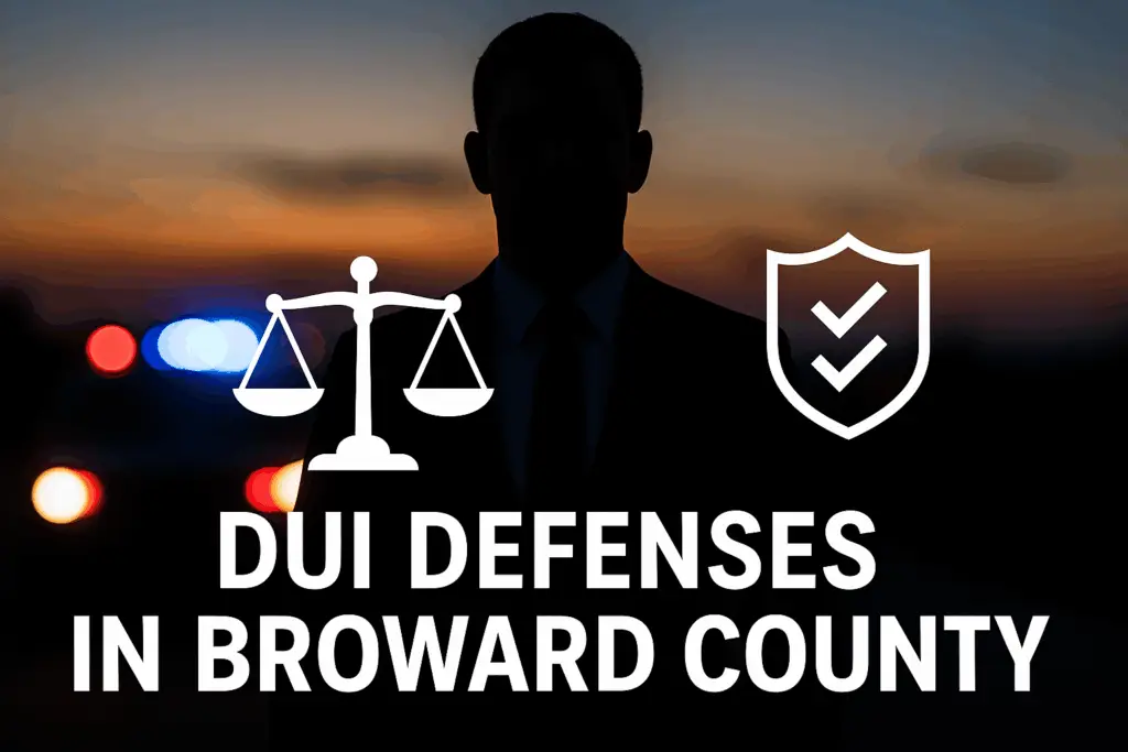 DUI defenses in Broward County with scales of justice and shield icon, silhouetted figure against a blurred police lights background.