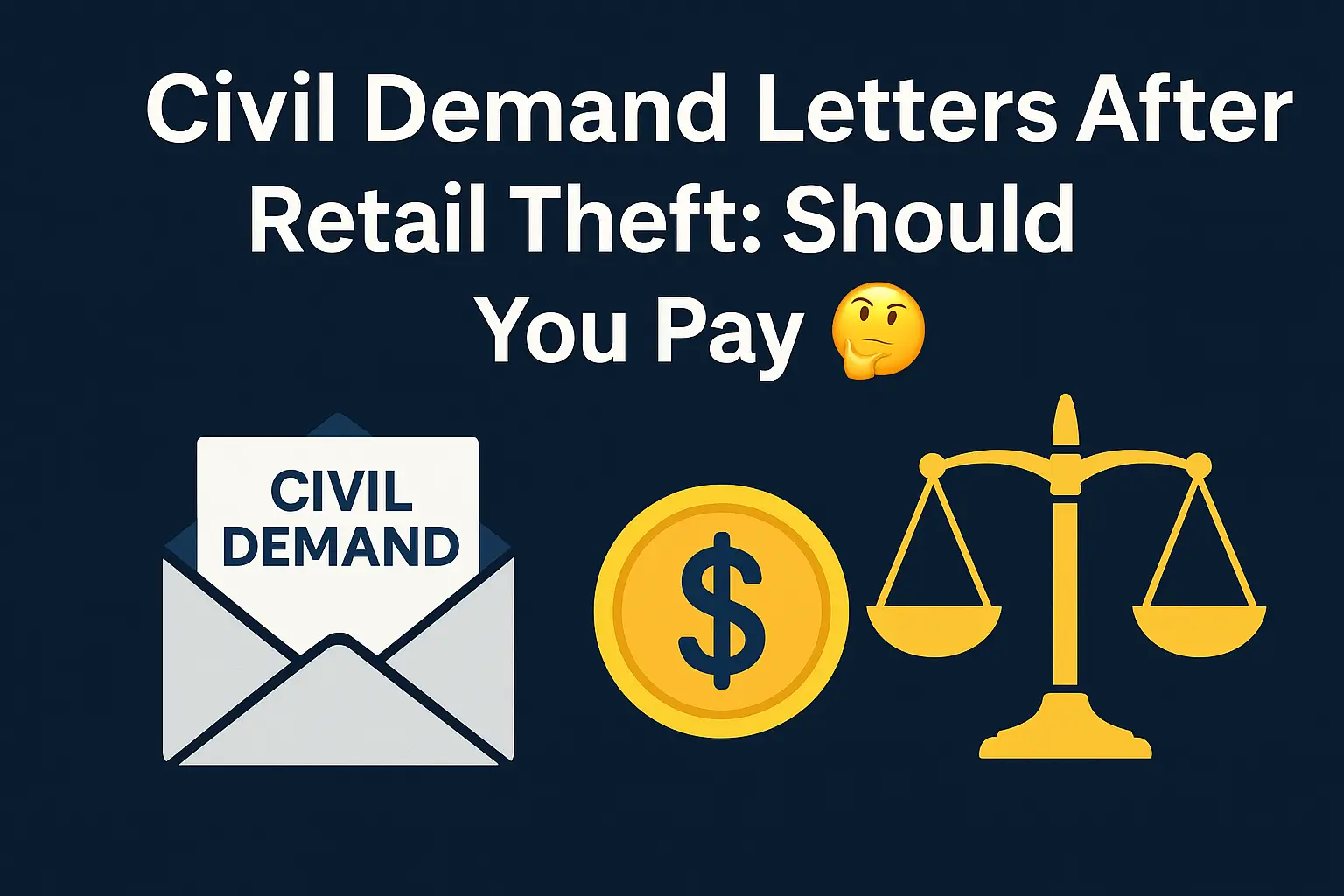 Civil demand letters after retail theft graphic with envelope, dollar sign, and justice scales on dark blue background, asking if payment is required.