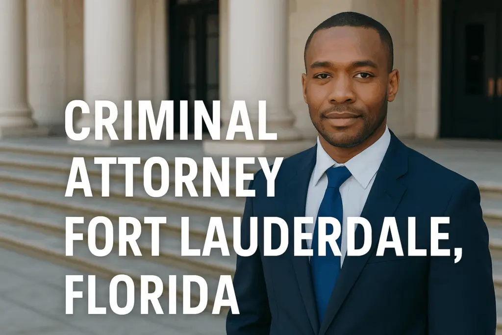 Criminal attorney in formal attire standing outside a courthouse in Fort Lauderdale, Florida, emphasizing legal representation and defense services.