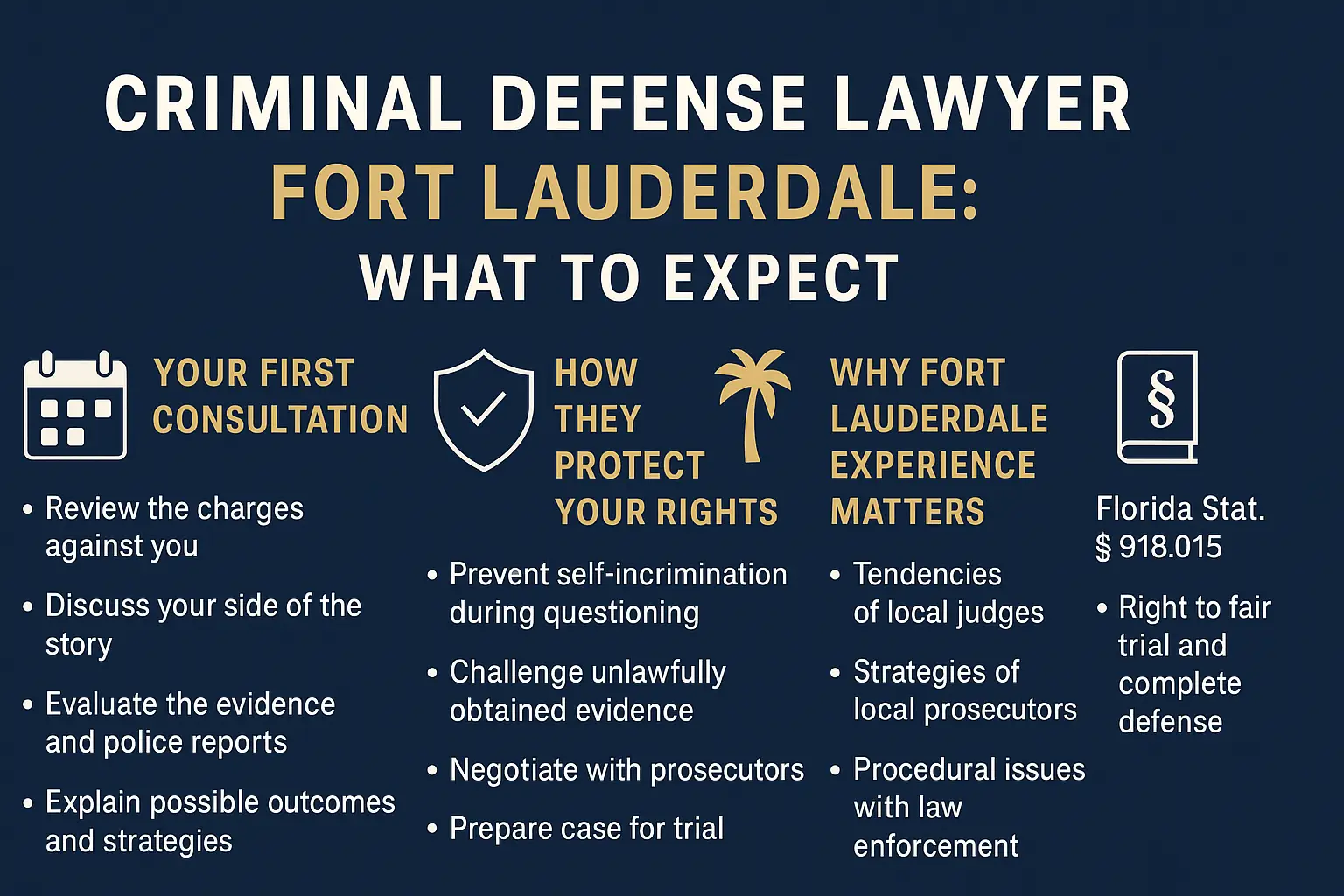 Criminal defense lawyer consultation guide for Fort Lauderdale, outlining client rights protection and local legal expertise.