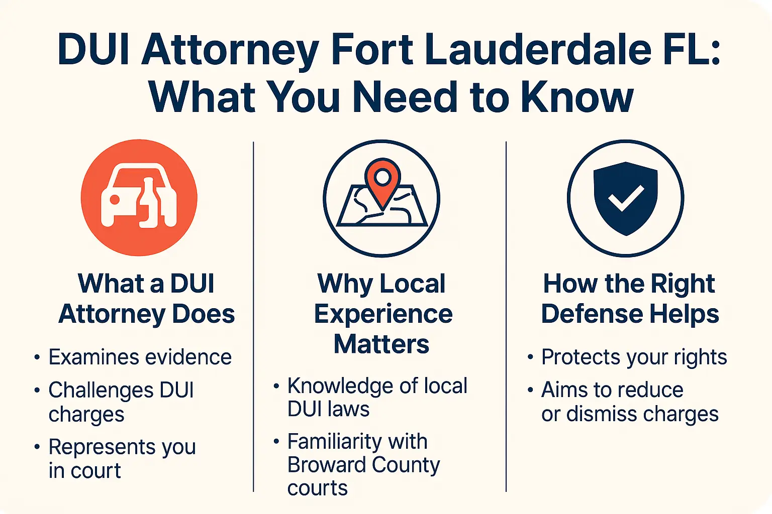 DUI attorney services in Fort Lauderdale FL, infographic highlighting attorney roles, local expertise, and defense benefits.