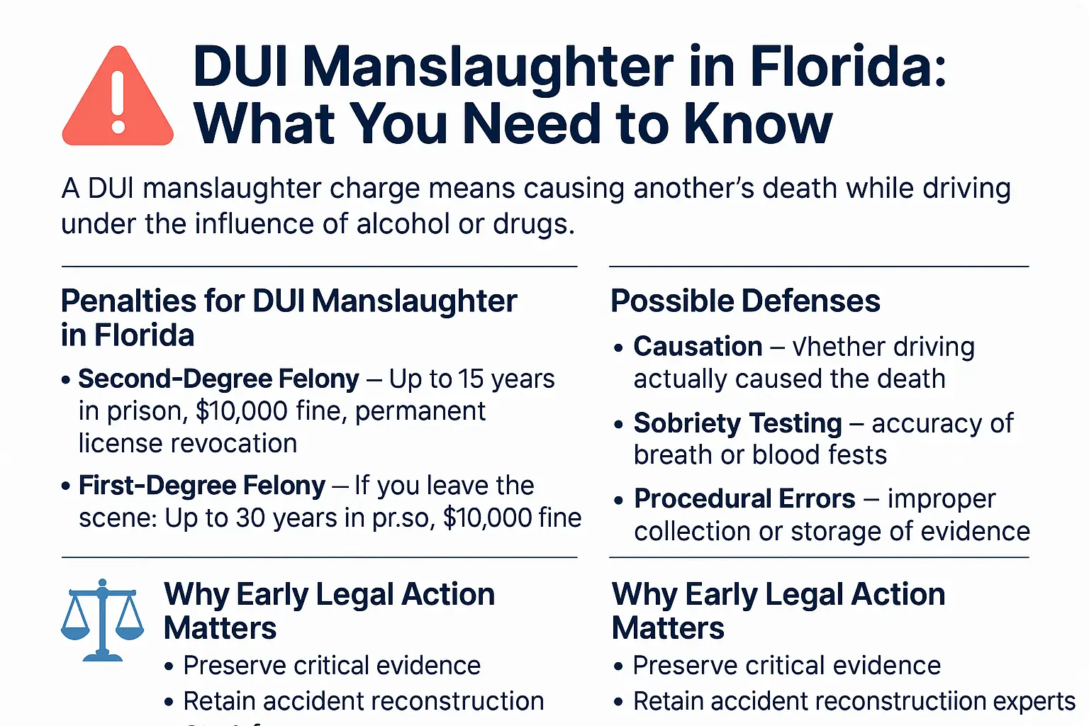 DUI manslaughter information graphic outlining penalties, possible defenses, and the importance of early legal action in Florida.