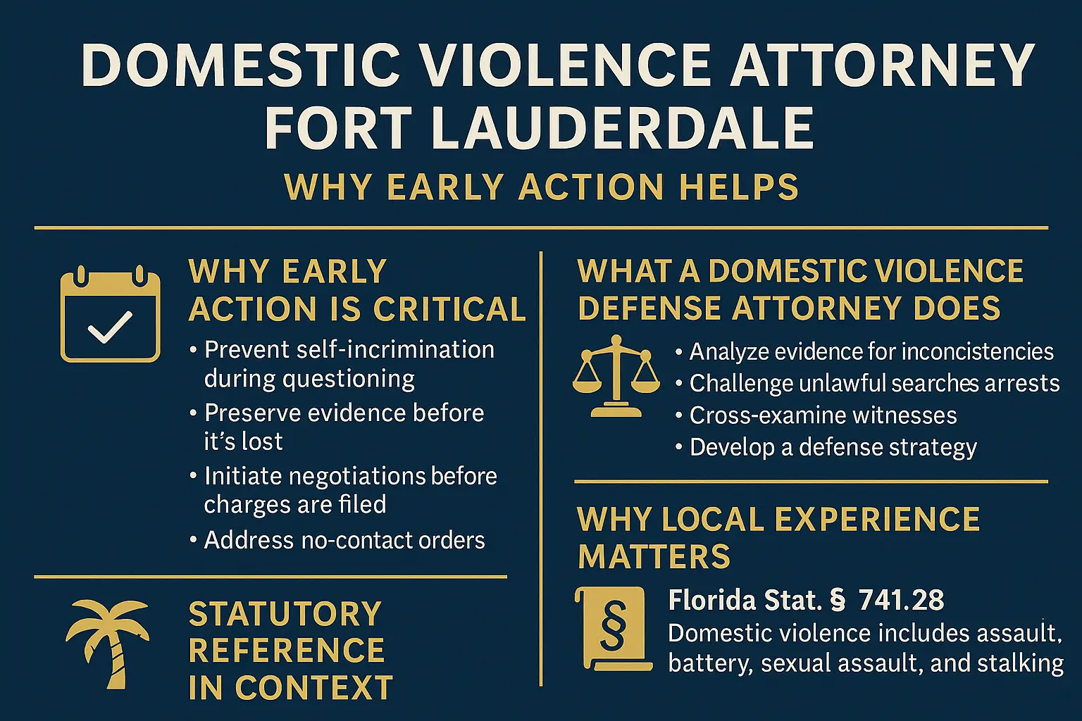 Horizontal infographic titled “Domestic Violence Attorney Fort Lauderdale: Why Early Action Helps” on a dark blue background with gold and white text. Sections include “Why Early Action Is Critical,” “What a Domestic Violence Defense Attorney Does,” and “Why Local Experience Matters,” each with bullet points and icons. Includes a statutory reference to Florida Stat. § 741.28.