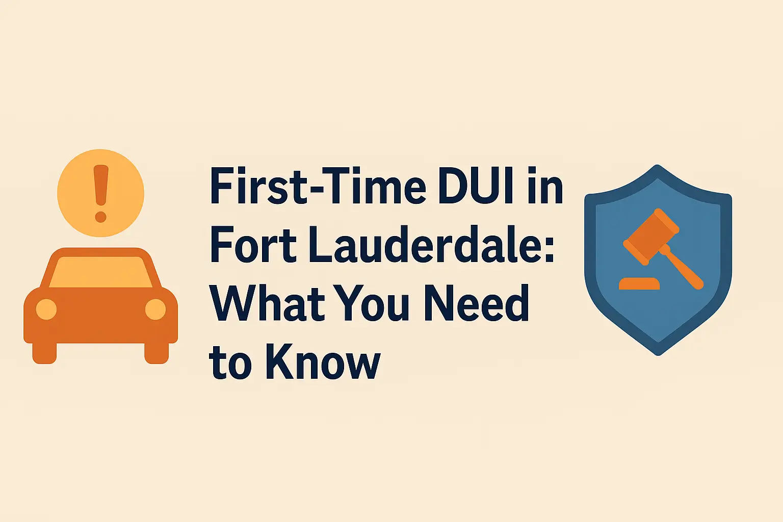 First-time DUI in Fort Lauderdale graphic, featuring a warning car icon and a gavel in a shield, emphasizing crucial legal information.