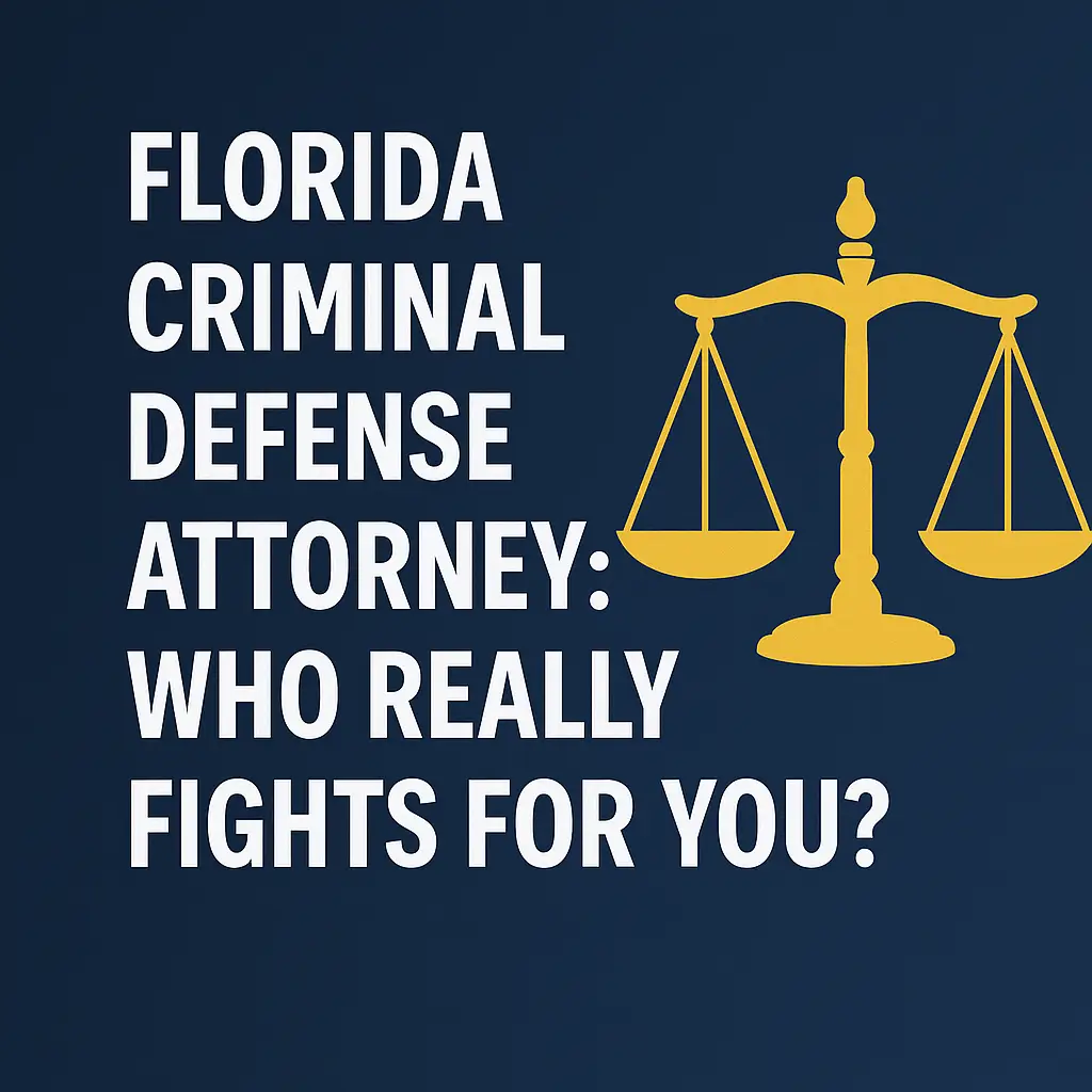 Florida criminal defense attorney graphic featuring scales of justice, emphasizing the question "Who really fights for you?"