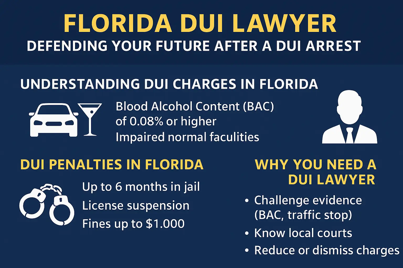 Horizontal infographic titled 'Florida DUI Lawyer: Defending Your Future After a DUI Arrest,' with a navy background and white and yellow text. It explains DUI charges in Florida, outlines penalties including jail time and license suspension, and emphasizes the importance of hiring a DUI lawyer to challenge evidence and reduce charges.