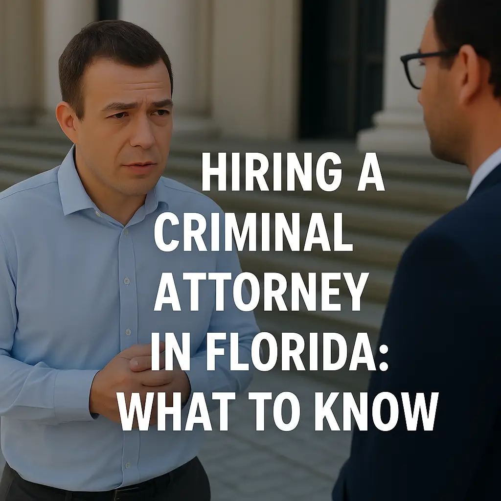 Man discussing legal matters with another person, text overlay "Hiring a Criminal Attorney in Florida: What to Know," emphasizing the importance of legal representation in criminal cases.