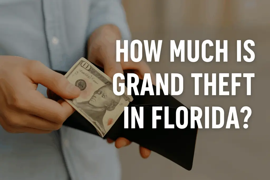 Hands holding cash and a wallet with text overlay "How Much Is Grand Theft in Florida?" related to legal thresholds for theft charges.
