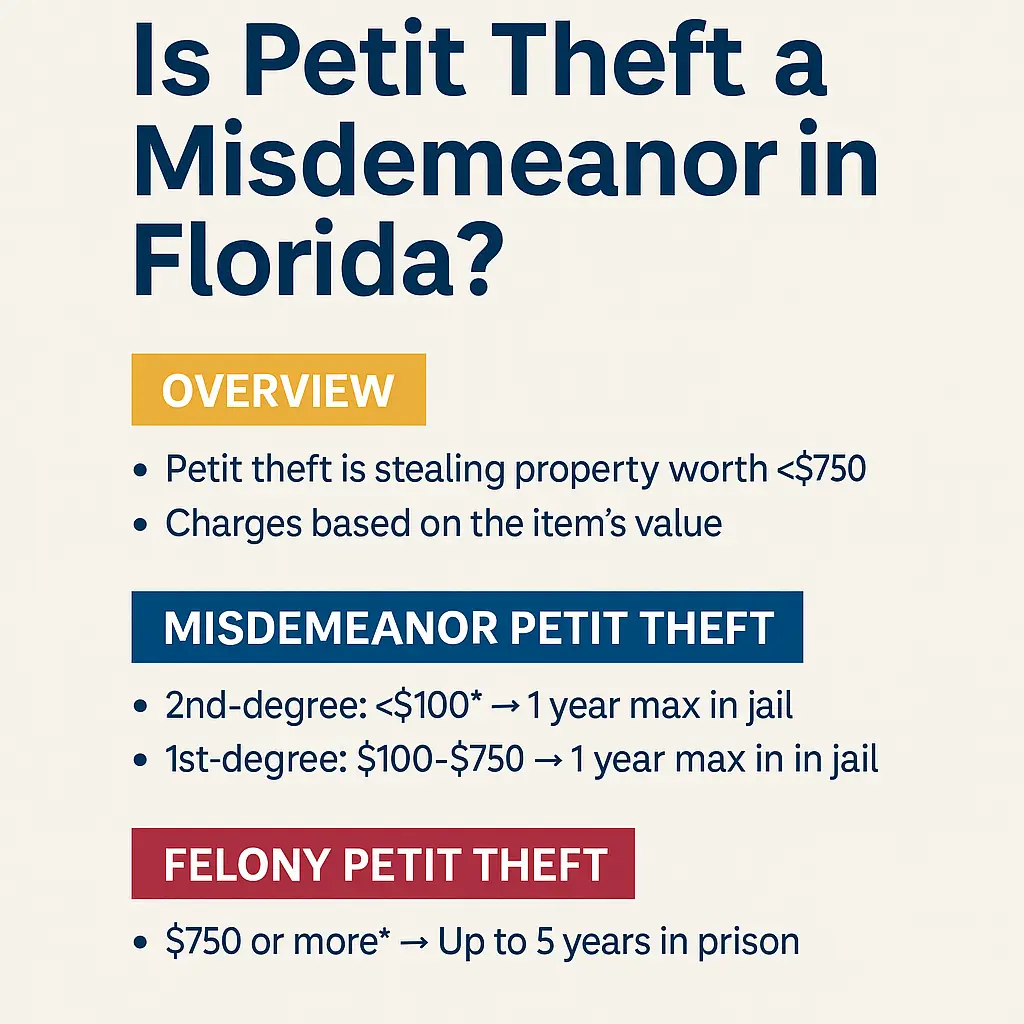 Infographic detailing petit theft laws in Florida, including definitions, misdemeanor classifications, and penalties based on property value.
