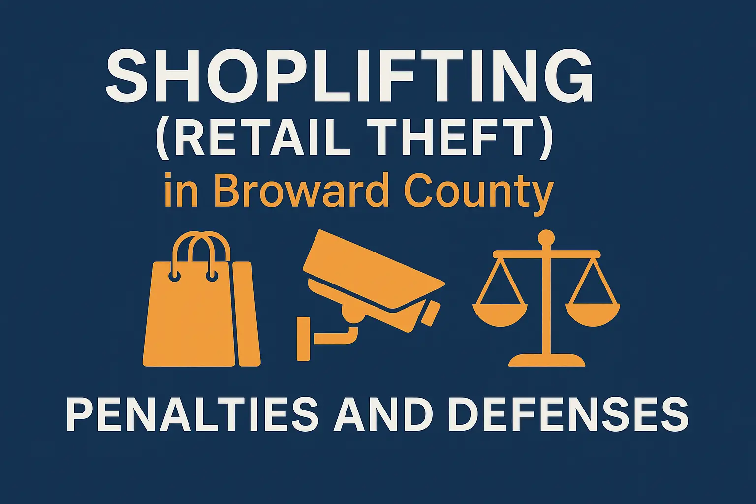 Shoplifting (retail theft) in Broward County penalties and defenses graphic with shopping bag, surveillance camera, and justice scales on dark blue background.