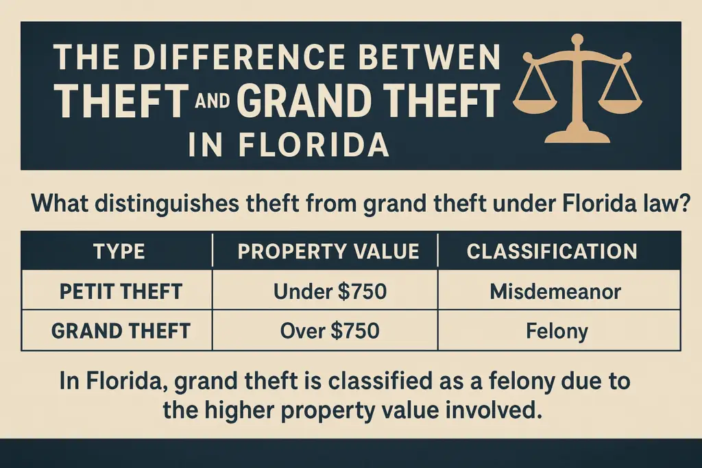 The difference between theft and grand theft in Florida, including classifications and property value thresholds.