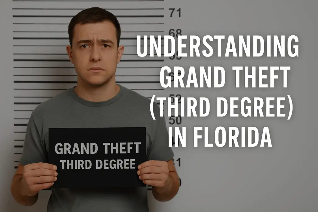 Man holding a sign reading "Grand Theft Third Degree" in front of a height chart, illustrating the topic of third-degree grand theft in Florida.