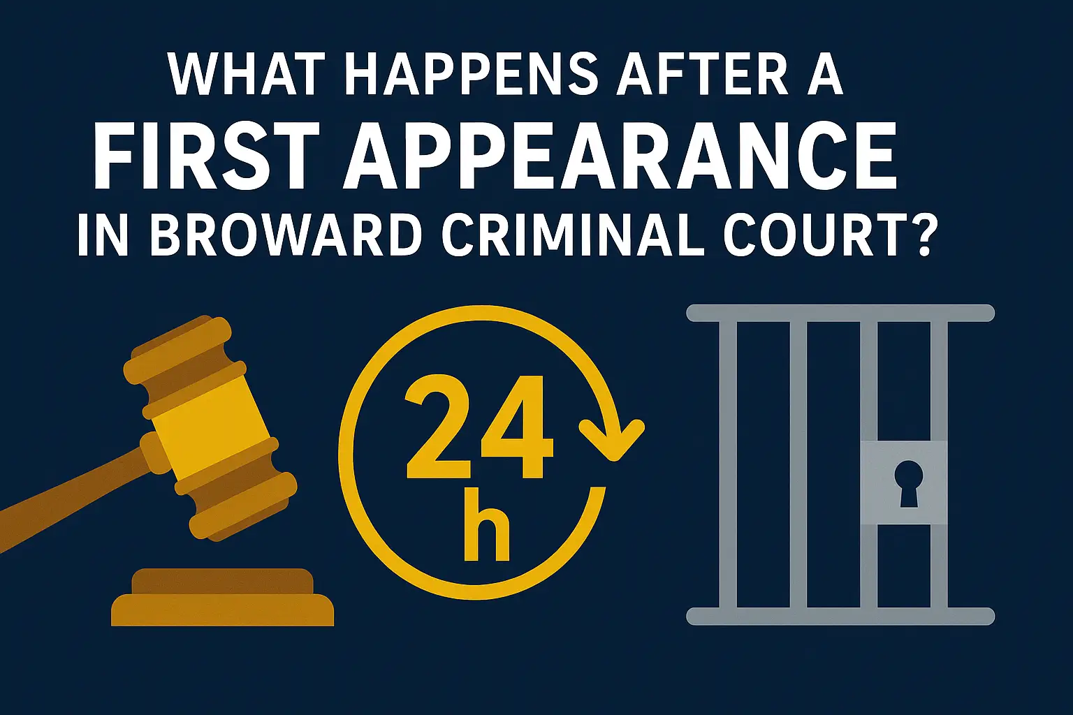 What happens after a first appearance in Broward criminal court graphic with gavel, 24-hour clock, and jail bars on dark blue background.