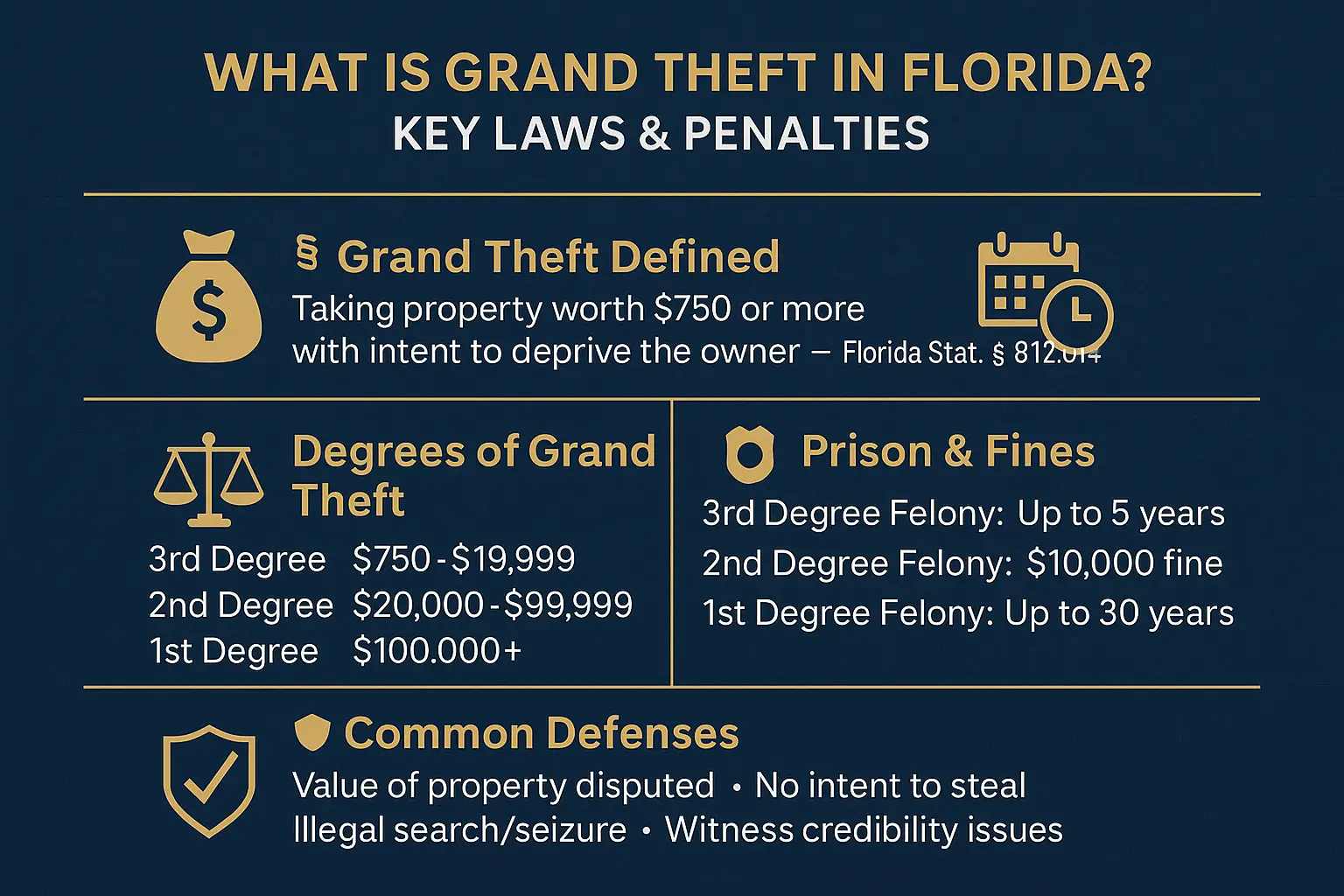 Infographic titled "What Is Grand Theft in Florida? Key Laws & Penalties," detailing grand theft definition, degrees of theft with monetary thresholds, and associated prison terms and fines, relevant to Florida law.