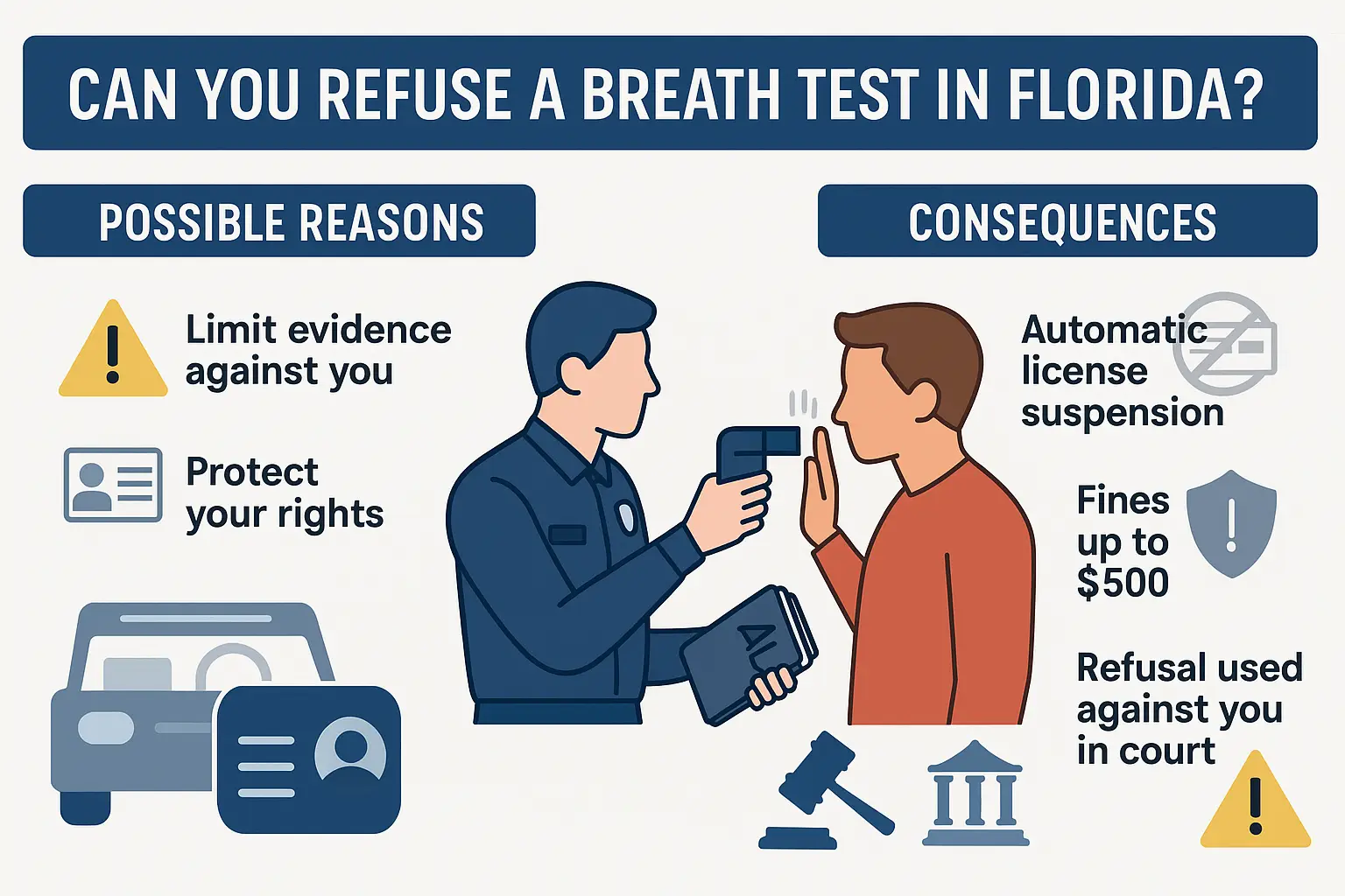 Horizontal infographic titled 'Can You Refuse a Breath Test in Florida?' Central illustration of a driver refusing a breathalyzer device. Left section explains possible reasons for refusal: limiting evidence against you and protecting your rights. Right section outlines consequences: automatic license suspension, fines up to $500, and refusal used against you in court. Icons include warning triangle, license, gavel, courthouse, and shield.