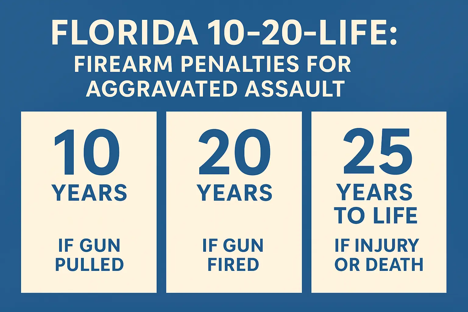 Horizontal infographic showing Florida’s 10-20-Life penalties: 10 years for pulling a gun, 20 years for firing, 25 years to life for injury or death.