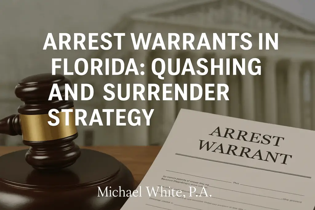 Gavel and arrest warrant document with text "Arrest Warrants in Florida: Quashing and Surrender Strategy" highlighting legal strategies for managing arrest warrants in Florida, associated with Michael White, P.A.