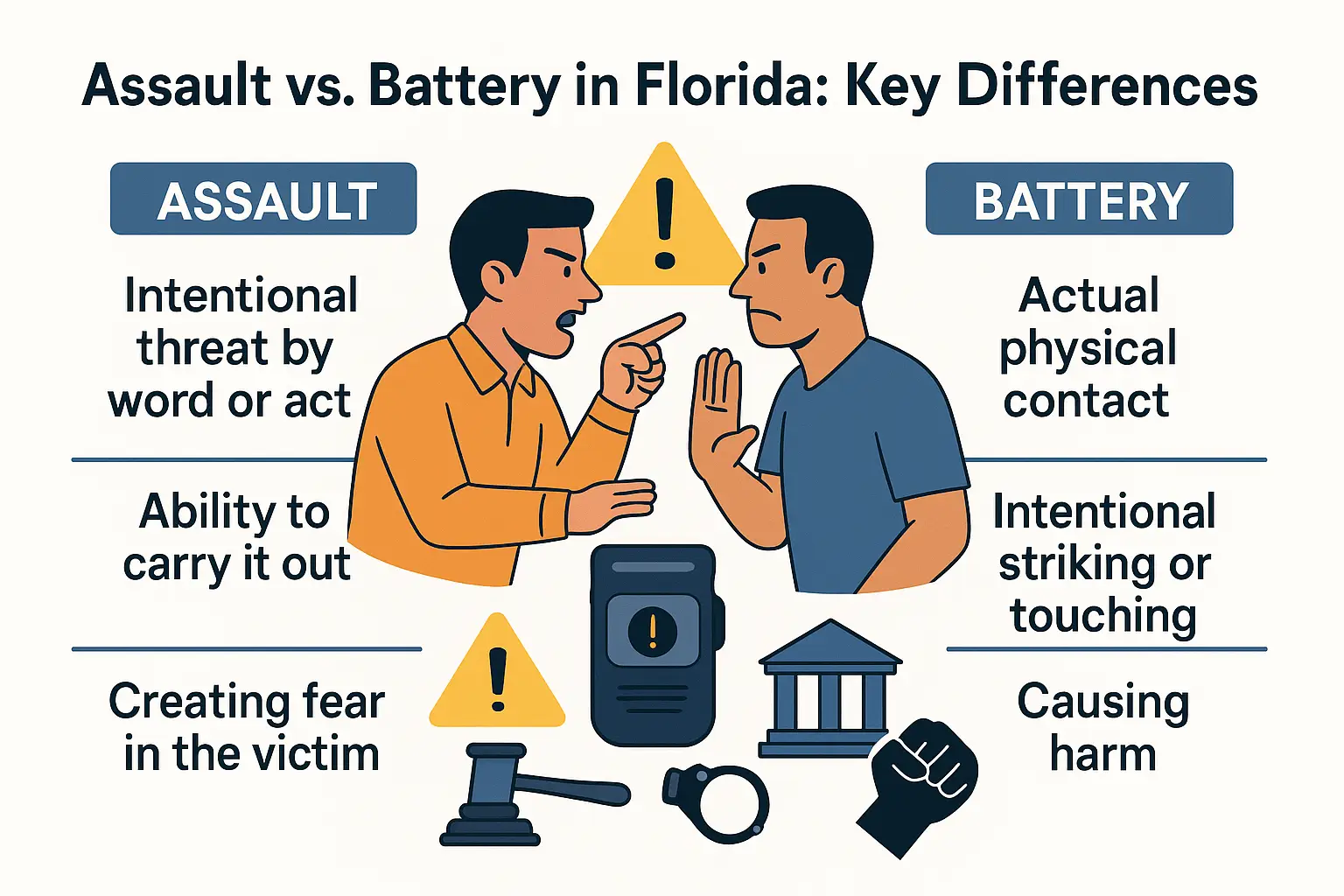 Horizontal infographic titled 'Assault vs. Battery in Florida: Key Differences.' Central illustration of two figures, one making a verbal threat and another showing physical aggression. Left side defines assault: intentional threat by word or act, ability to carry it out, and creating fear in the victim. Right side defines battery: actual physical contact, intentional striking or touching, and causing harm. Icons include warning triangle, raised hand, gavel, courthouse, and fist.