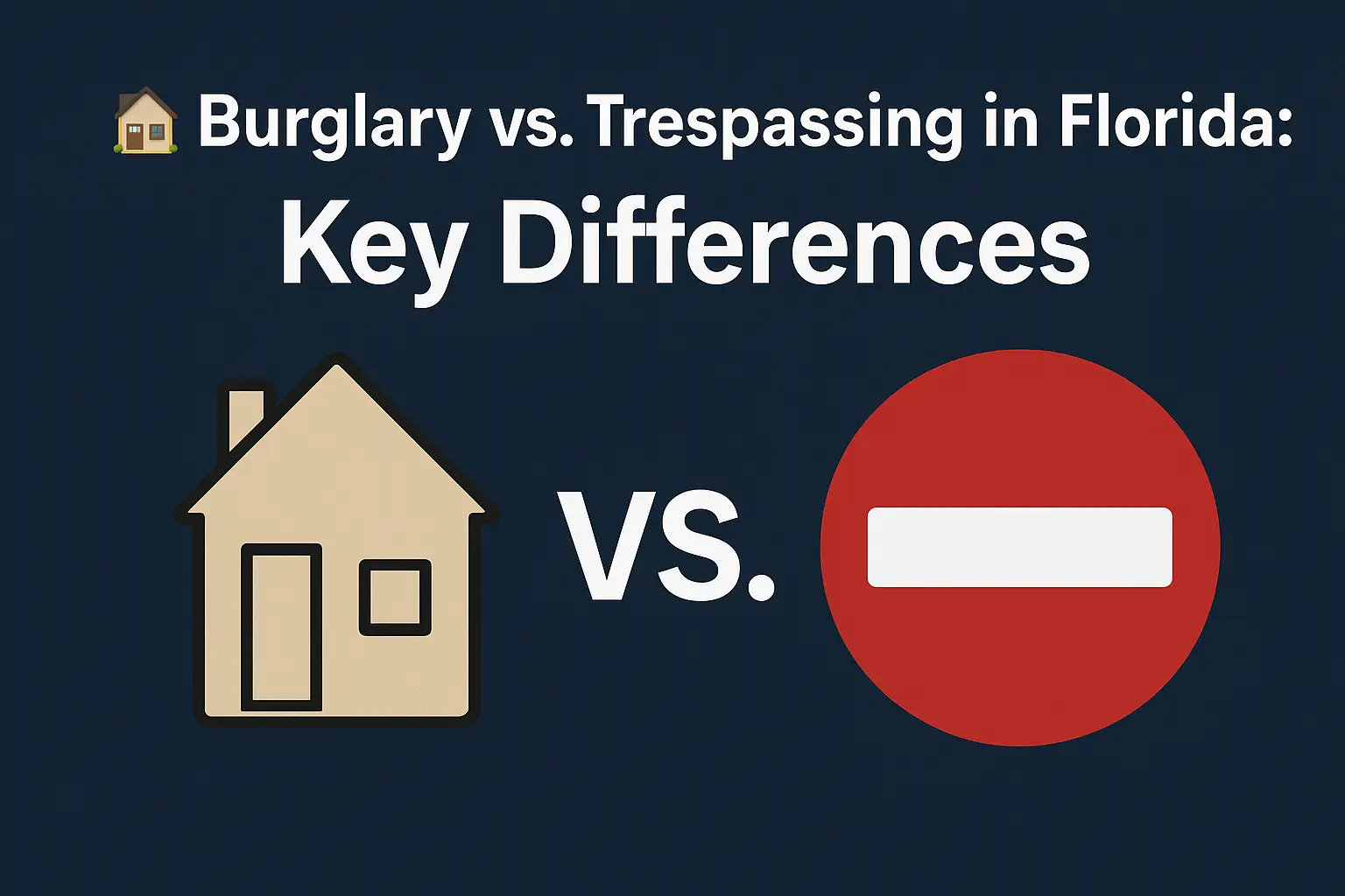 Burglary vs. Trespassing in Florida graphic illustrating key differences, featuring a house icon and a no-entry symbol on a dark background.