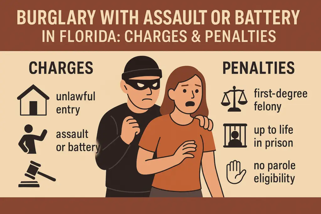 Burglary with assault or battery in Florida: charges including unlawful entry and assault or battery, penalties of first-degree felony, up to life in prison, and no parole eligibility.