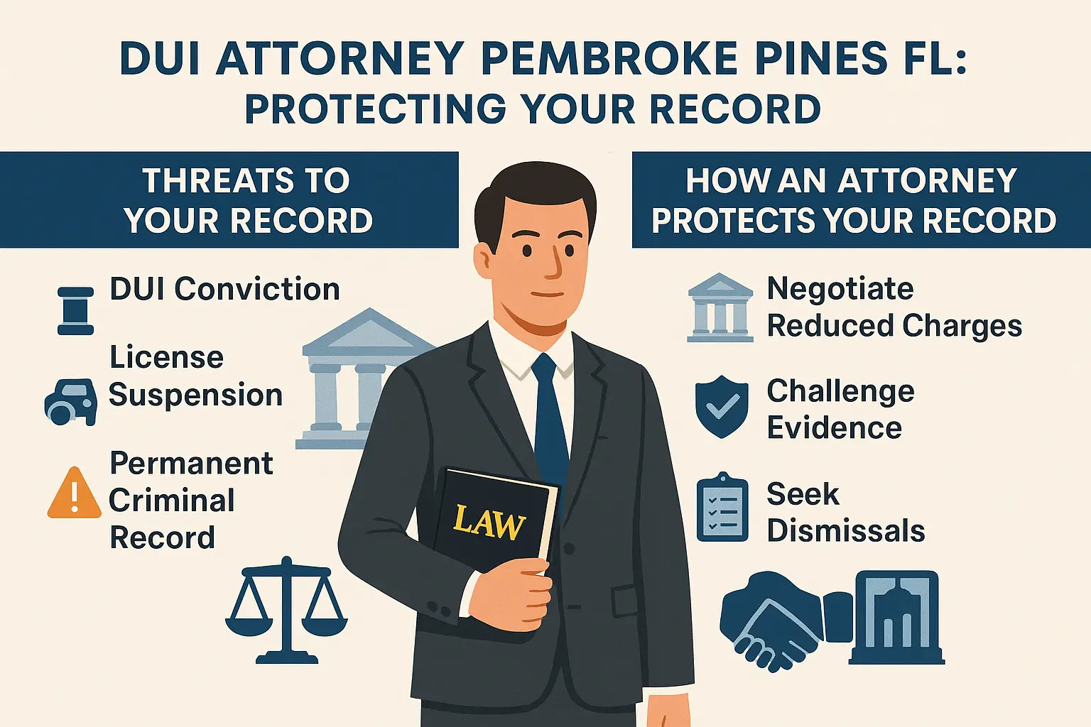 DUI attorney in Pembroke Pines, FL, holding a "LAW" book, with infographic highlighting threats to your record and how an attorney protects it, including DUI conviction, license suspension, and strategies like negotiating reduced charges and challenging evidence.