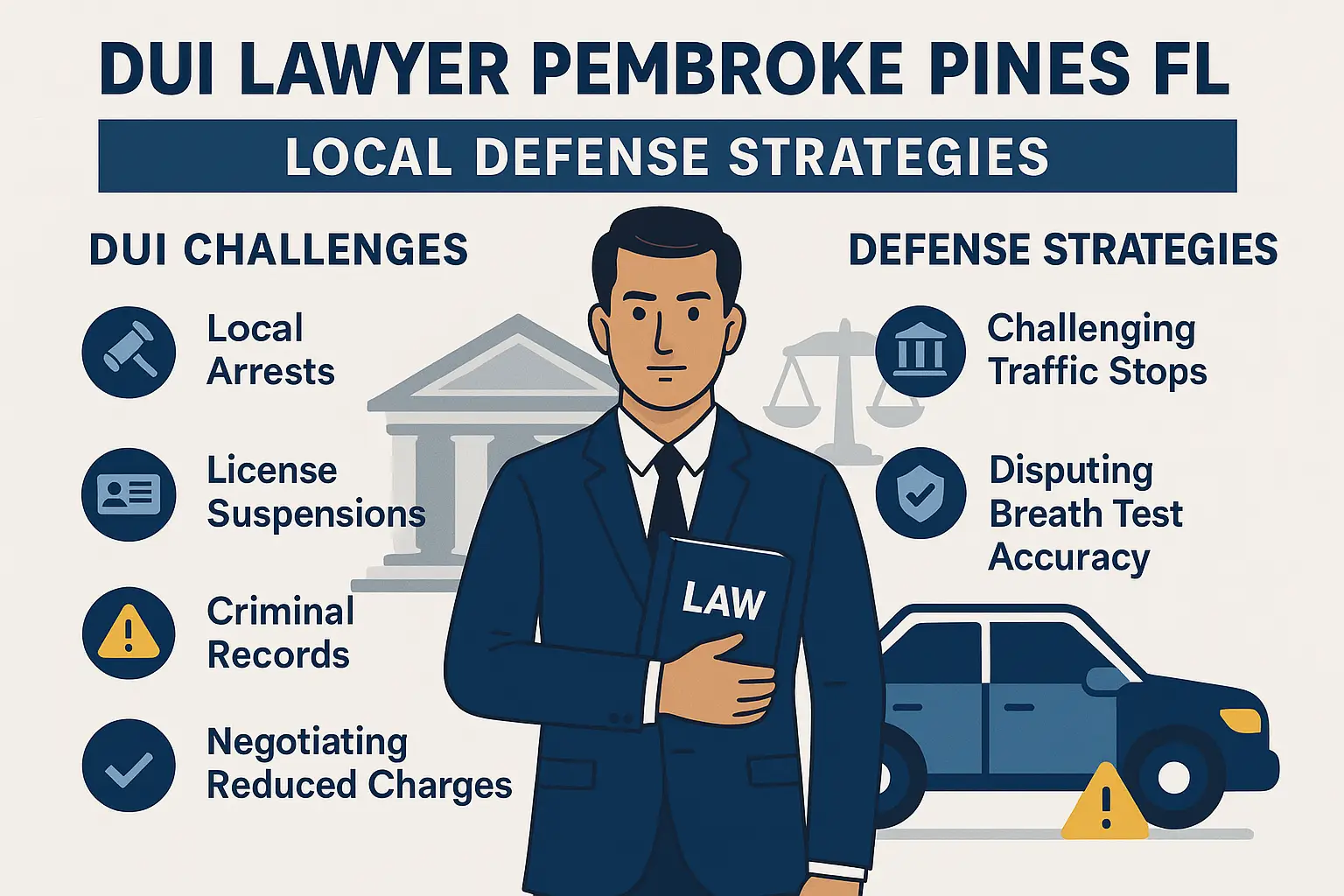 DUI lawyer in Pembroke Pines, FL, presenting local defense strategies, including challenges like local arrests and license suspensions, with icons representing legal concepts and a parked car.