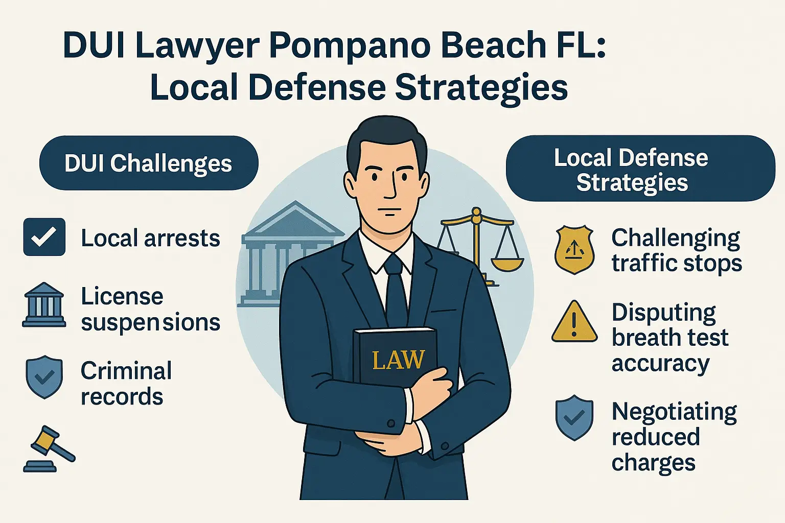 DUI lawyer in Pompano Beach, FL, holding a law book, surrounded by icons representing local DUI challenges and defense strategies, including local arrests, license suspensions, and criminal records.