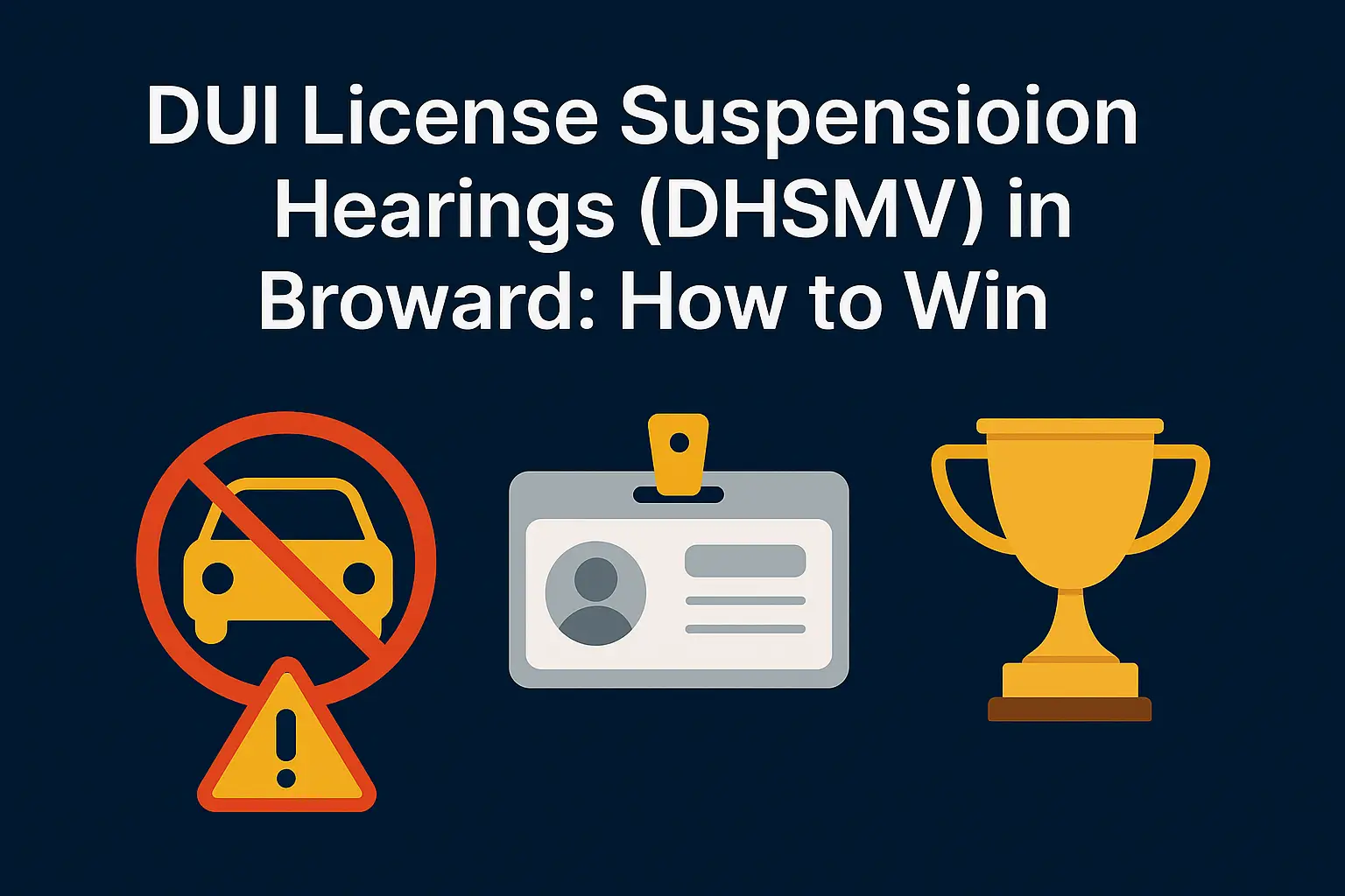 DUI license suspension hearings in Broward with no vehicle symbol, ID card illustration, and trophy icon, emphasizing contesting a suspension and winning legal representation.