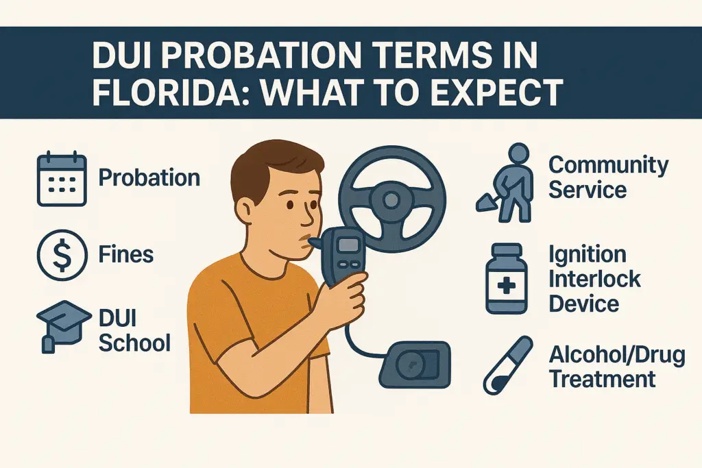 DUI probation terms in Florida infographic highlighting key elements: probation, fines, DUI school, community service, ignition interlock device, and alcohol/drug treatment.