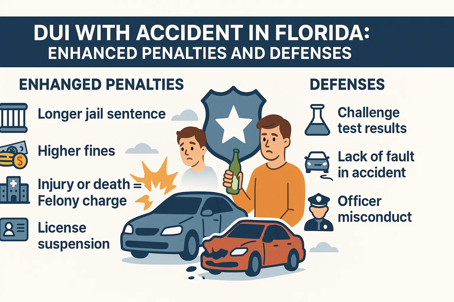 DUI with accident in Florida graphic highlighting enhanced penalties and defenses, featuring illustrations of jail, fines, injuries, vehicles, and legal defenses.