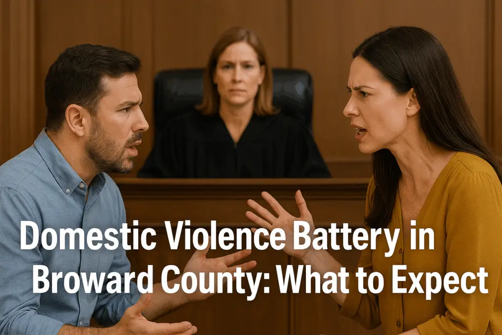 Man and woman arguing intensely in a courtroom before a judge, illustrating the seriousness of domestic violence battery cases in Broward County.